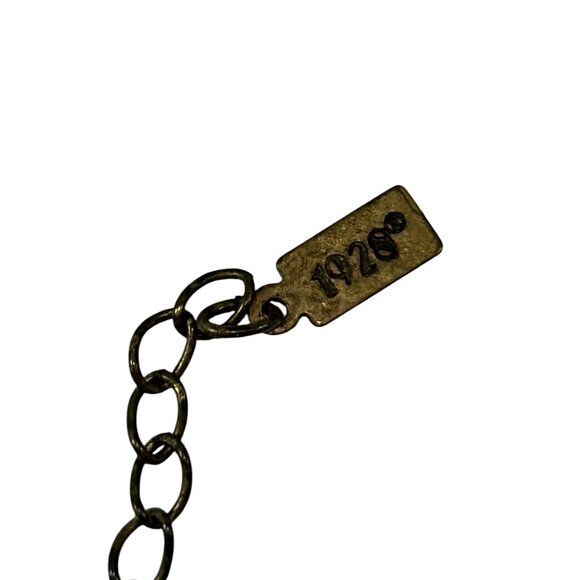 1928 Antiqued Brass Tone Necklace Green Rhinestones Amber Glass Teardrop Pendant - Picture 5 of 7